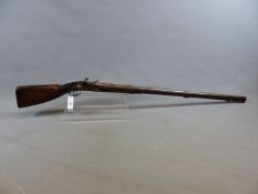 AN EARLY 8 BORE FLINTLOCK BALL GUN FOR BIG GAME. 47 INCH THREE STAGE BARREL, FULLY STOCKED WITH DEEP