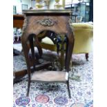 AN ANTIQUE FRENCH LOUIS XV STYLE INLAID KINGWOOD ORMOLU MOUNTED WORK TABLE WITH SHAPED LIFT TOP
