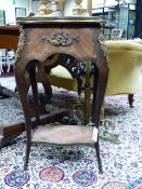 AN ANTIQUE FRENCH LOUIS XV STYLE INLAID KINGWOOD ORMOLU MOUNTED WORK TABLE WITH SHAPED LIFT TOP