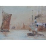 J.C.HUNTER ( 19th/20th.C.) A BUSY PORT SCENE, POSSIBLY LONDON, SIGNED AND DATED 1905, WATERCOLOUR.