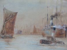 J.C.HUNTER ( 19th/20th.C.) A BUSY PORT SCENE, POSSIBLY LONDON, SIGNED AND DATED 1905, WATERCOLOUR.