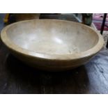 AN ANTIQUE SYCAMORE LARGE TURNED BOWL. DIA. 50cms.