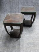 A PAIR OF ART DECO COLONIAL INLAID HARDWOOD LAMP TABLES WITH GLASS TOPS, INCURVED SUPPORTS AND