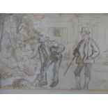 CHARLES KEENE (1823-1891) A COMIC GARDENING SCENE, INK DRAWING, INITIALLED. 10.5 x 36cms.