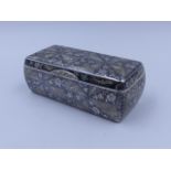 A RUSSIAN SILVER NIELLO WORK HINGED AND ROUNDED RECTANGULAR BOX WITH .84 STANDARD AND TOWN MARK