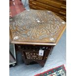 TWO ANTIQUE CARVED HARDWOOD AND MOTHER OF PEARL INLAID MOORISH STANDS OF HEXAGONAL SHAPE. LARGEST