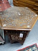 TWO ANTIQUE CARVED HARDWOOD AND MOTHER OF PEARL INLAID MOORISH STANDS OF HEXAGONAL SHAPE. LARGEST