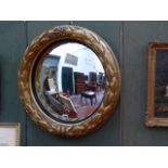 A WM.IV.CARVED GILTWOOD CONVEX MIRROR WITH TIED LEAF FORM MOULDED FRAME AND EBONISED SLIP. DIA.