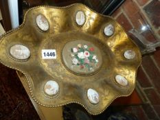 AN UNUSUAL MID 19th.C. FRENCH GILT METAL FLUTED OVAL DISH WITH CENTRAL HARDSTONE MEDALLION OF