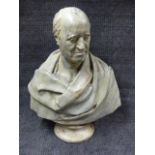 A TINTED PLASTER BUST OF A DISTINGUISHED GENTLEMAN, INSCRIBED VERSO. H.72cms.
