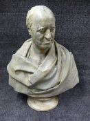 A TINTED PLASTER BUST OF A DISTINGUISHED GENTLEMAN, INSCRIBED VERSO. H.72cms.