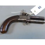 A 19th.C. PERCUSSION TURNOVER POCKET PISTOL BY BARRATT WITH FOLDING TRIGGER ( ANTIQUE - NO