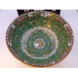 A CHINESE CABBAGE LEAF DECORATED DEEP BOWL. (D.29.5cms) TOGETHER WITH A PAIR OF MULTICOLOUR GLAZE