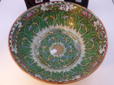 A CHINESE CABBAGE LEAF DECORATED DEEP BOWL. (D.29.5cms) TOGETHER WITH A PAIR OF MULTICOLOUR GLAZE