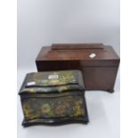 A VICTORIAN PAPIER MACHE SERPENTINE FRONT FLORAL AND GILT DECORATED TEA CADDY WITH TWIN