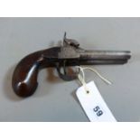 A 19TH CENTURY PERCUSSION DOUBLE BARRELLED POCKET PISTOL ( ANTIQUE -NO CERTIFICATE REQUIRED)