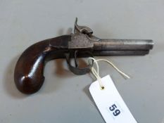 A 19TH CENTURY PERCUSSION DOUBLE BARRELLED POCKET PISTOL ( ANTIQUE -NO CERTIFICATE REQUIRED)