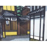 20th.C. JAPANESE SCHOOL PENCIL SIGNED COLOUR WOODBLOCK PRINT OF A STREET SCENE. 28 x 69cms.