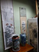 THREE CHINESE SCROLLS OF FLORAL AND LANDSCAPE SUBJECTS, VARIOUSLY SIGNED AND INSCRIBED.