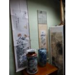 THREE CHINESE SCROLLS OF FLORAL AND LANDSCAPE SUBJECTS, VARIOUSLY SIGNED AND INSCRIBED.