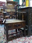 ANTIQUE COUNTRY MADE GEORGIAN OAK ARMCHAIR WITH UNUSUAL APRON DRAWER.