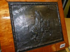 AN ANTIQUE BRONZE PLAQUE OF A CONTINENTAL MONARCH ON HORSEBACK IN A TOWN SQUARE IN MAPLE FRAME. 20 x