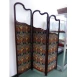 AN ART NOUVEAU EARLY 20th.C. CARVED MAHOGANY THREE FOLD DRESSING SCREEN WITH GLAZED PANELS ABOVE