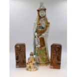 A LARGE JAPANESE FIGURE OF A STANDING DEITY HOLDING A SCROLL (H.50cms) TOGETHER WITH A SMALL