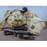 A COLLECTION OF SMALL - BORE RIFLE SHOOTING EQUIPMENT TO INCLUDE JACKETS, GLOVES, SPOTTING SCOPES,