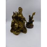 AN ANTIQUE GILT BRONZE FIGURE OF A SEATED LADY IN 18th.C.DRESS, H.29cms TOGETHER WITH A GILT AND