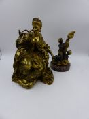 AN ANTIQUE GILT BRONZE FIGURE OF A SEATED LADY IN 18th.C.DRESS, H.29cms TOGETHER WITH A GILT AND