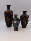 THREE JAPANESE CLOISONNE CABINET VASES WITH BIRD AND FLORAL DECORATION. LARGEST H.21cms.