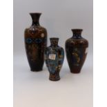 THREE JAPANESE CLOISONNE CABINET VASES WITH BIRD AND FLORAL DECORATION. LARGEST H.21cms.