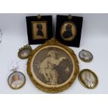 A COLLECTIVE LOT OF MINIATURES TO INCLUDE TWO SILHOUETTES, THREE OVAL WATERCOLOUR PORTRAITS , SOME