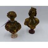 A PAIR OF GILT AND PATINATED BRONZE PORTRAIT BUSTS ON MARBLE SOCLES SIGNED ILLEGIBLY. H.OVERALL 16.