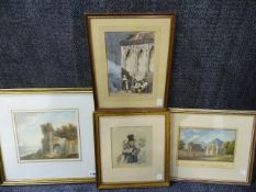 FOUR 19th.C.WATERCOLOURS TO INCLUDE THREE CONTINENTAL LANDSCAPES AND A PORTRAIT OF A GENTLEMAN