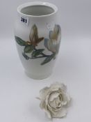 A DANISH BALUSTER VASE PAINTED WITH LILY B & G. H.24cms TOGETHER WITH A WHITE BISQUE PORCELAIN MODEL