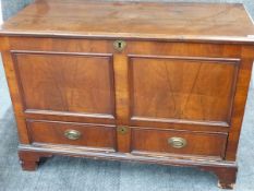 A GEORGIAN OAK AND MAHOGANY PANEL FRONT MULE CHEST WITH SINGLE DEEP BASE DRAWER ON BRACKET FEET. W.