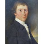 LATE 18th.C.CONTINENTAL SCHOOL. A BUST PORTRAIT OF A YOUNG GENTLEMAN WITH DRAPERY AND SEASCAPE