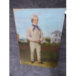 ENGLISH SCHOOL. A PORTRAIT OF A VICTORIAN CRICKETER, OIL ON CANVAS LAID ON BOARD. 51 x 36cms.