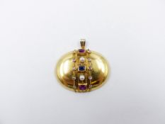 A YELLOW METAL (TESTS AS GOLD) SAPPHIRE, RUBY AND DIAMOND REMODELLED PENDANT. APPROXIMATE WEIGHT 8.
