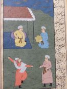 THREE INDO PERSIAN MINIATURE PAINTINGS, TWO WITH CALLIGRAPHIC INSCRIPTIONS. LARGEST 20 x 15cms.