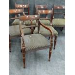 A SET OF SIX LATE GEORGIAN MAHOGANY DINING CHAIRS TO INCLUDE TWO ARMCHAIRS EACH WITH CARVED ROPE