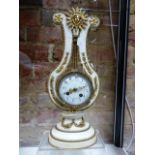 AN ANTIQUE FRENCH WHITE MARBLE ORMOLU MOUNTED LYRE FORM CLOCK IN THE LOUIS XV STYLE. H.41cms.