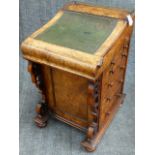 AN UNUSUAL VICTORIAN CARVED BURL WALNUT DAVENPORT DESK WITH SLIDING INSET LEATHER TOP AND FITTED