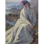 19th.C.ENGLISH SCHOOL. A YOUNG WOMAN BY THE SEA, OIL ON PANEL. 24.5 x 16.5cms.