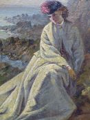 19th.C.ENGLISH SCHOOL. A YOUNG WOMAN BY THE SEA, OIL ON PANEL. 24.5 x 16.5cms.