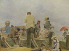 AN EDWARDIAN BEACH SCENE WATERCOLOUR. 18 x 41cms.