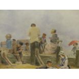 AN EDWARDIAN BEACH SCENE WATERCOLOUR. 18 x 41cms.