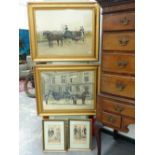 TWO VINTAGE HAND COLOURED PHOTOGRAPHS OF COACHING SCENES AND TWO 19th.C.FRENCH PRINTS OF GENTLEMAN'S
